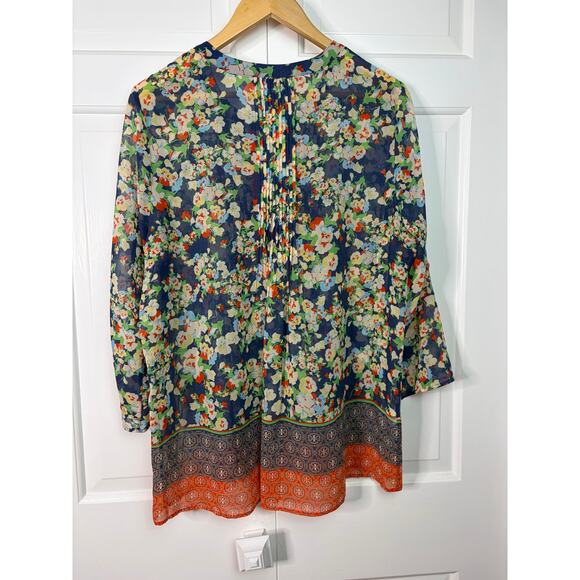 Daniel Rainn Blouse Womens Pullover Floral Roll Tab Sheer Multicolor XL - Picture 2 of 5